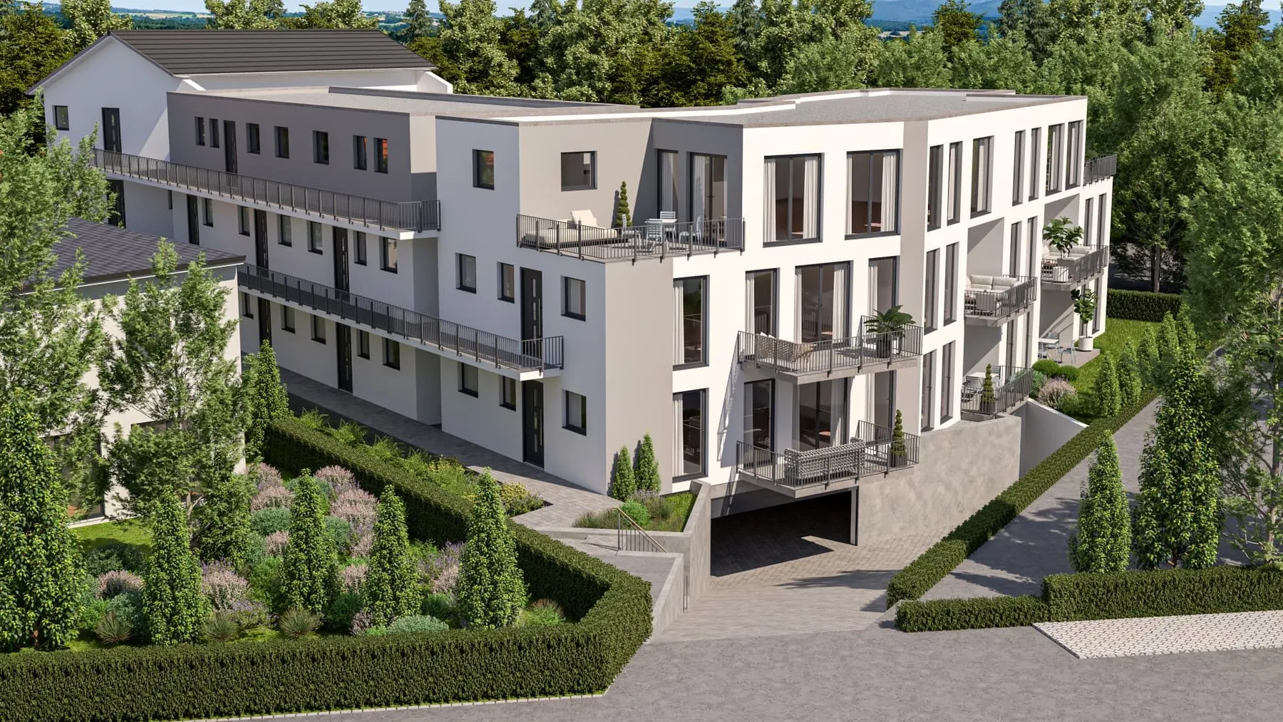 Donau Living Riedlingen – Luftperspektive mit Tiefgarageneinfahrt